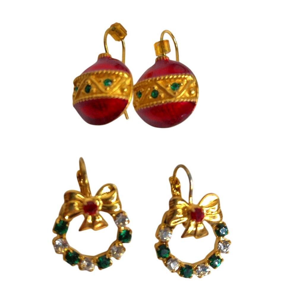 Christmas Earrings Ornaments and Wreaths Pierced Set of 2